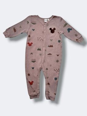 Disney Baby Romper Boys Size 18M Beige Mickey Mouse Waffle Knit Snap Front